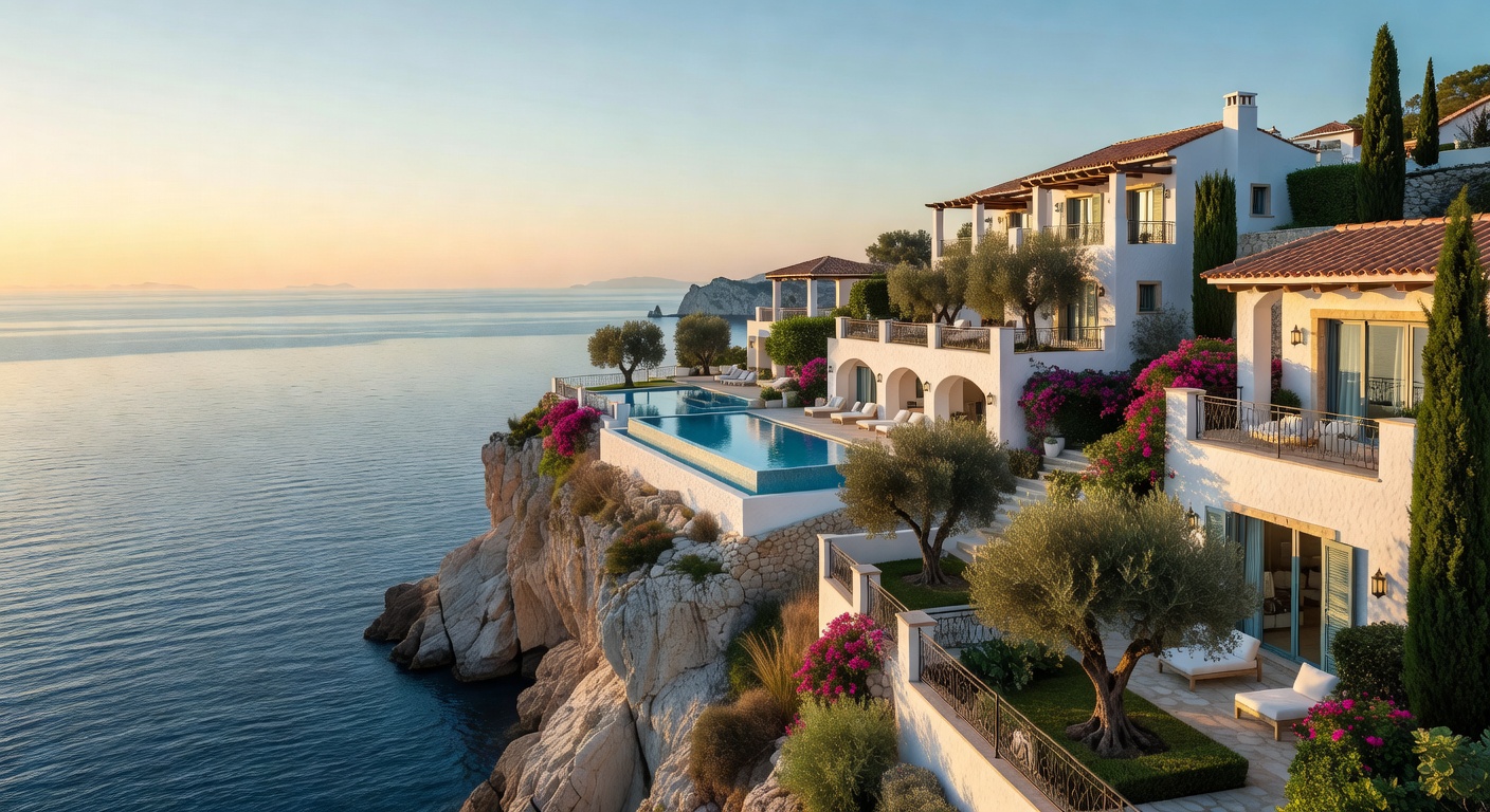 Luxurious Mediterranean cliffside resort overlooking calm azure waters